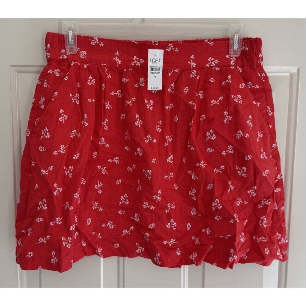 NWT Loft Linen Blend Skirt Red Ditsy Floral A Line Elastic Waist Size M Boho